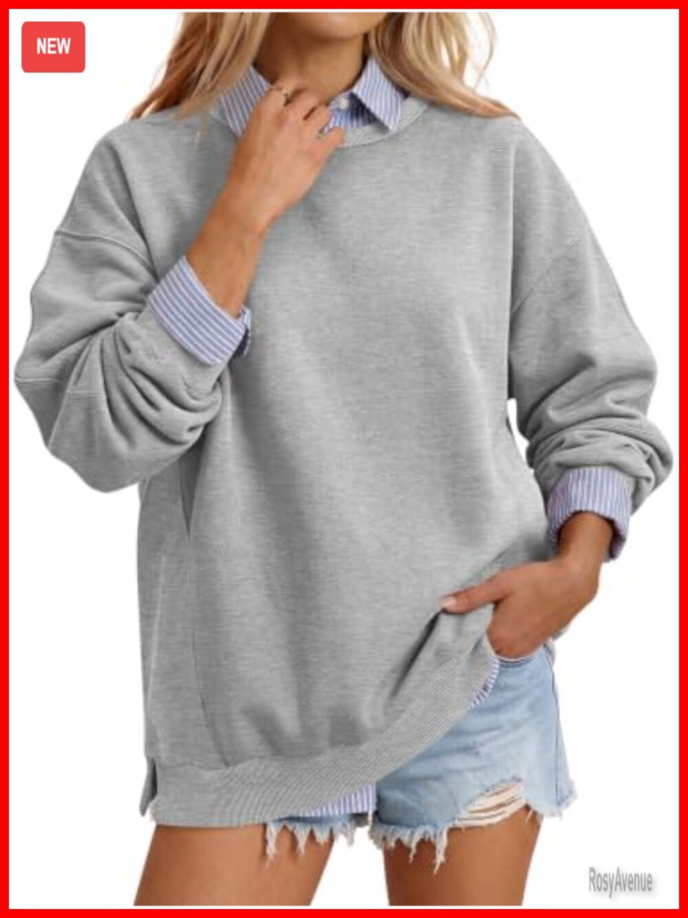 Oversized Textured Side Slit Pullover Sweatshirt Crewneck Ribbed Waist
